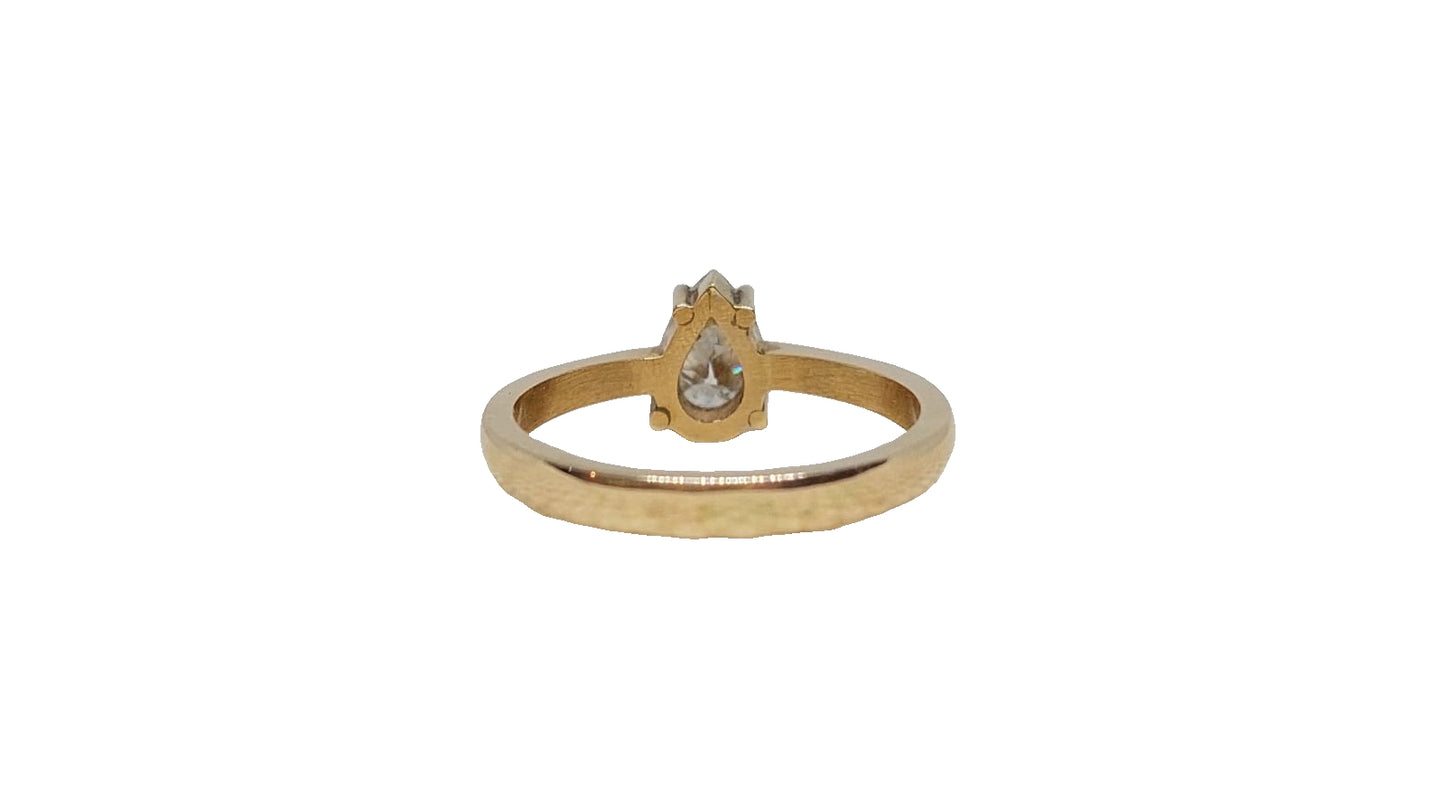 9ct Yellow gold pear shape moissanite solitaire tapered plain shank ring