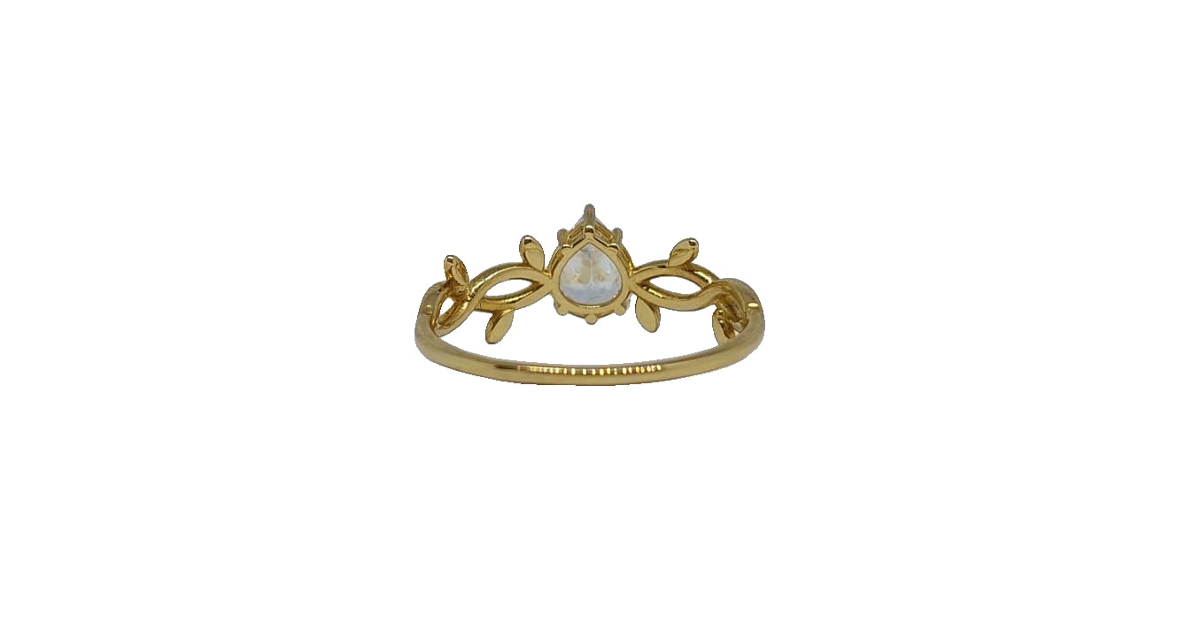 9ct Yellow gold pear shape cubic zirconia plain leaf design shank ring