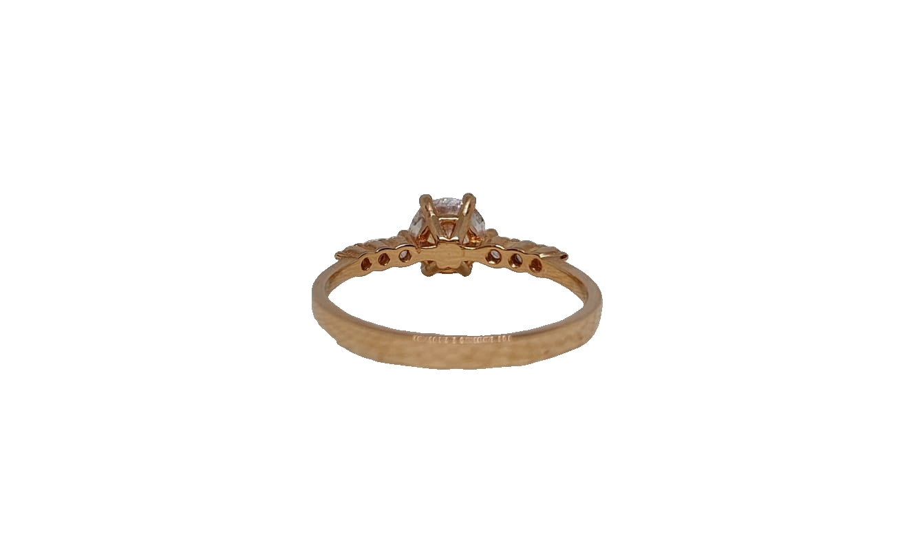 9ct Rose gold 6 claw round cubic zirconia with 6 smaller cubic zirconia on shank ring