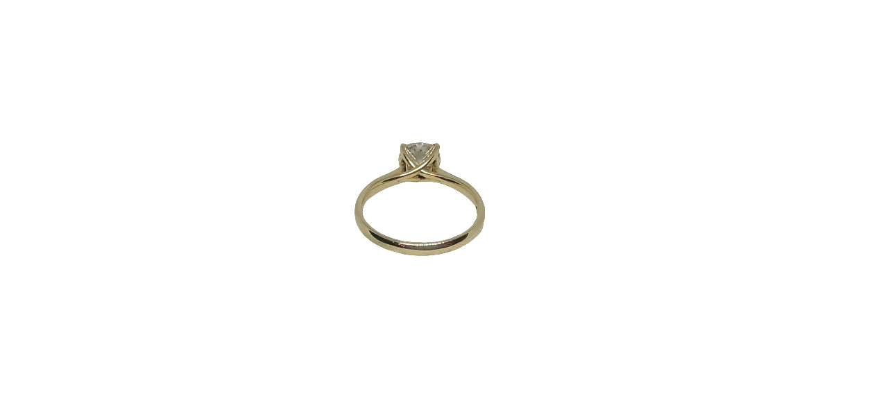 9ct Yellow gold round cut moissanite with a plain round shank ring
