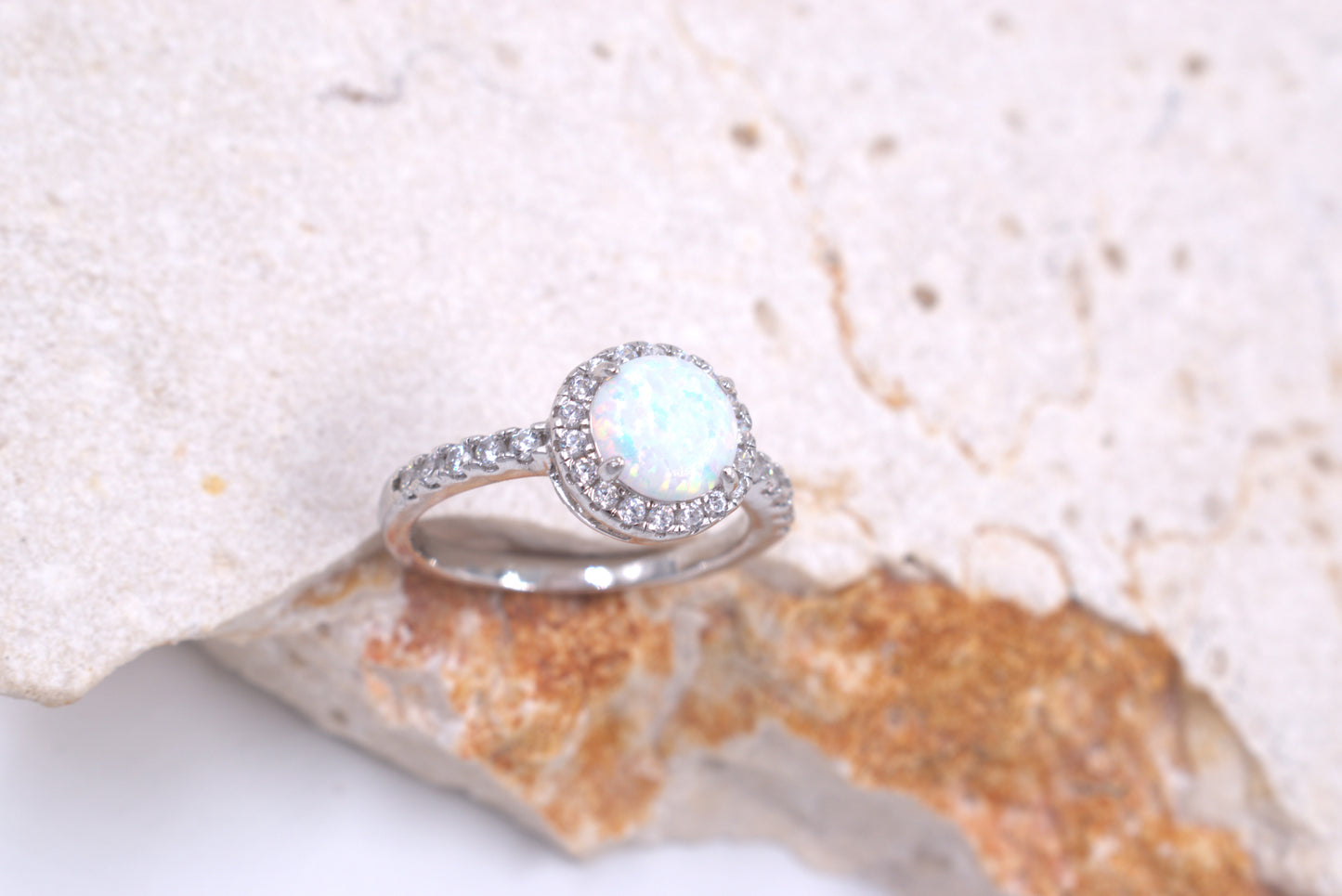 Sterling Silver Round Crushed White Opal Ring (October Birthstone)