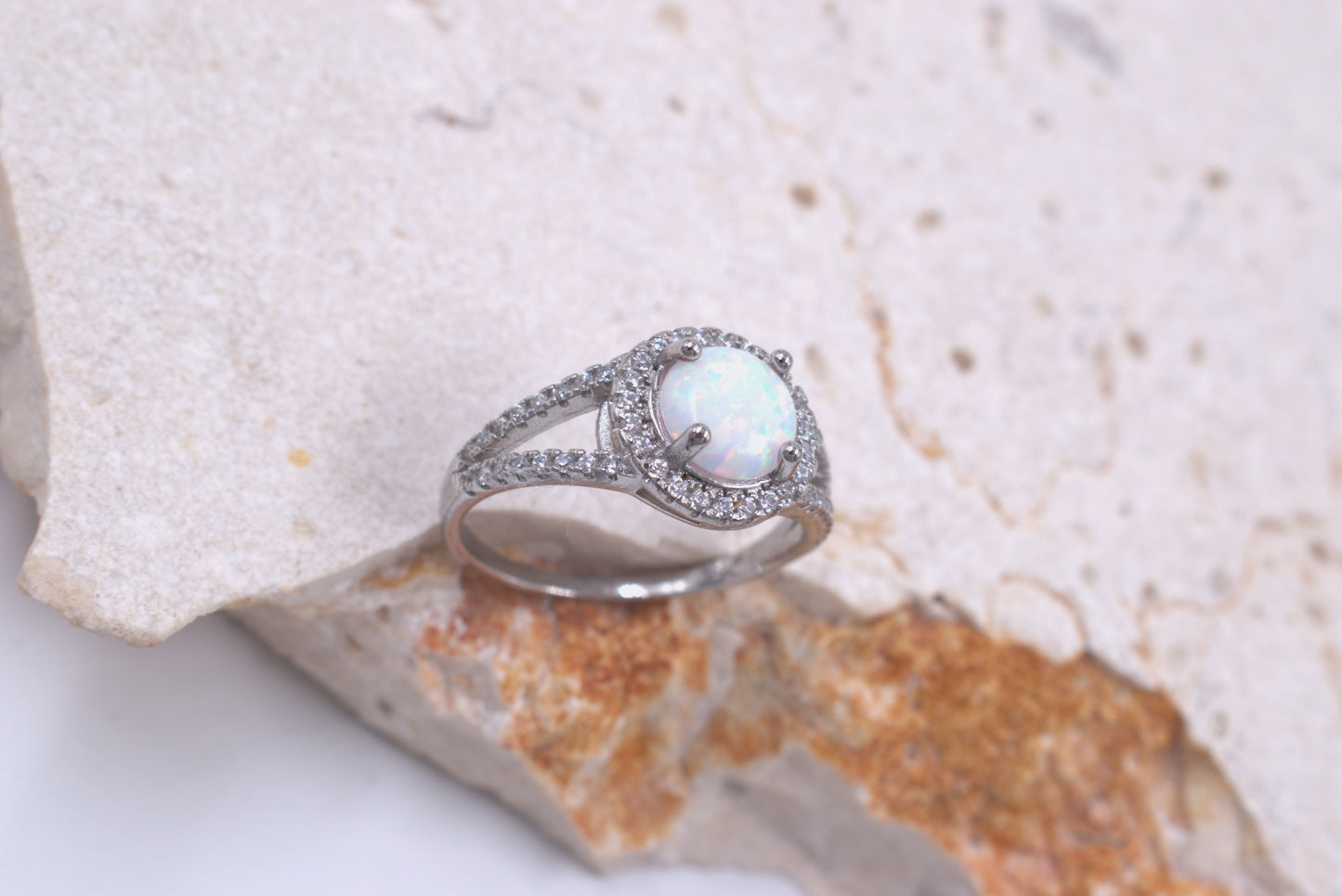 Sterling Silver Round Crushed White Opal Split Shank Ring (October Birthstone)