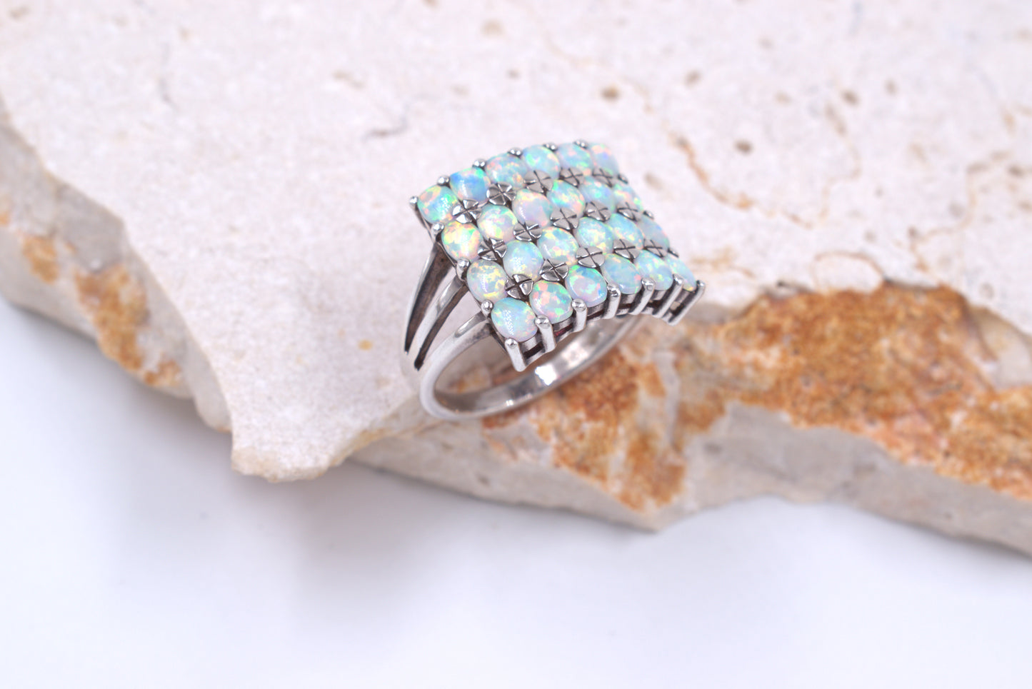 Sterling Silver Large Square Opal Ring (October Birthstone)