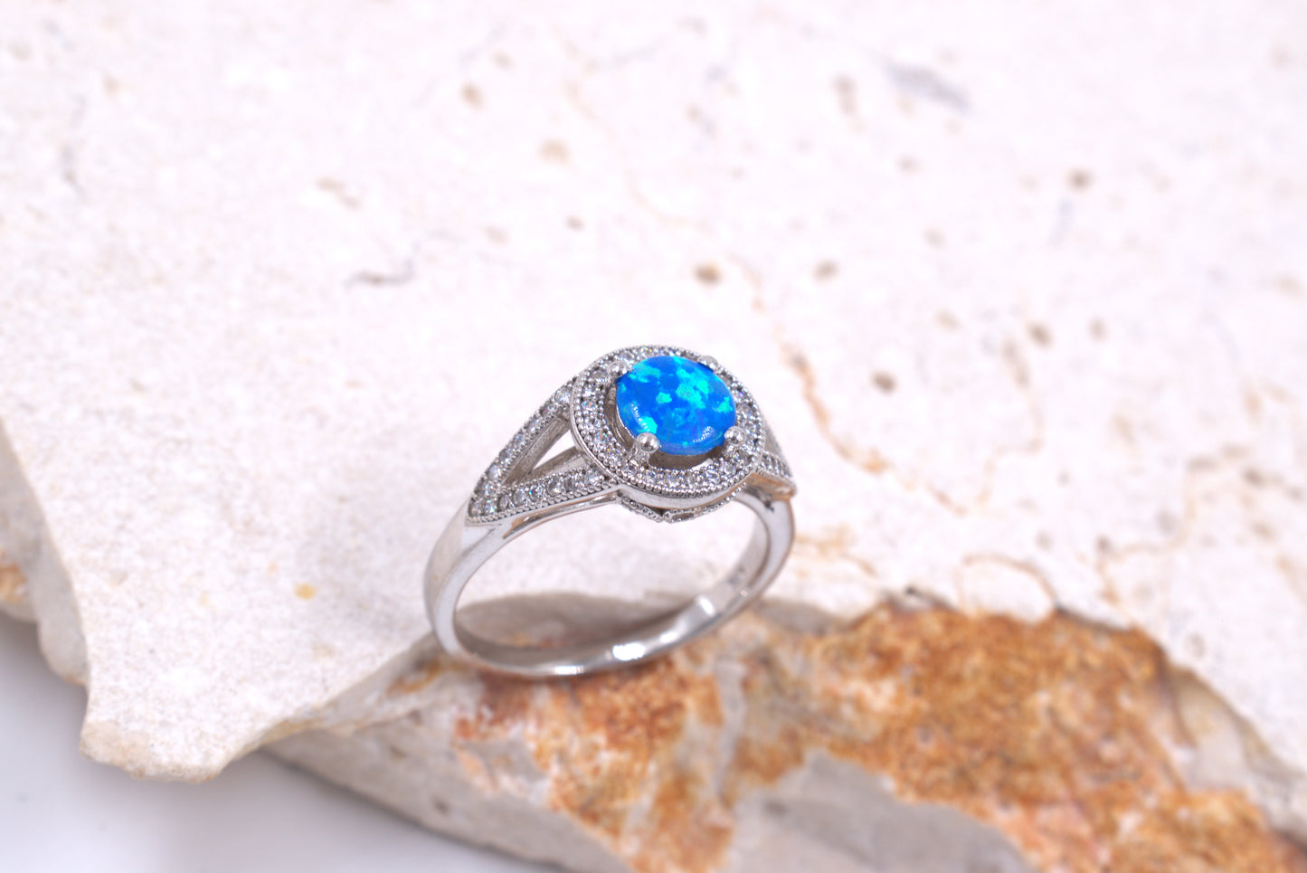 Sterling Silver Round Crushed Blue Opal Vintage Style Ring (October Birthstone)