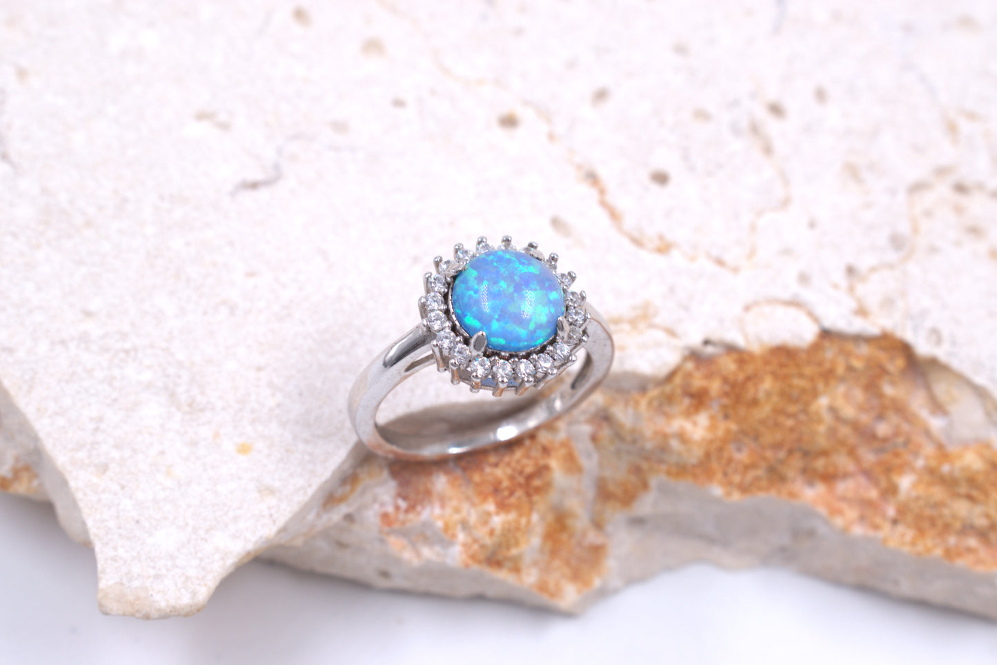Sterling Silver Round Crushed Blue Opal Ring (October Birthstone)