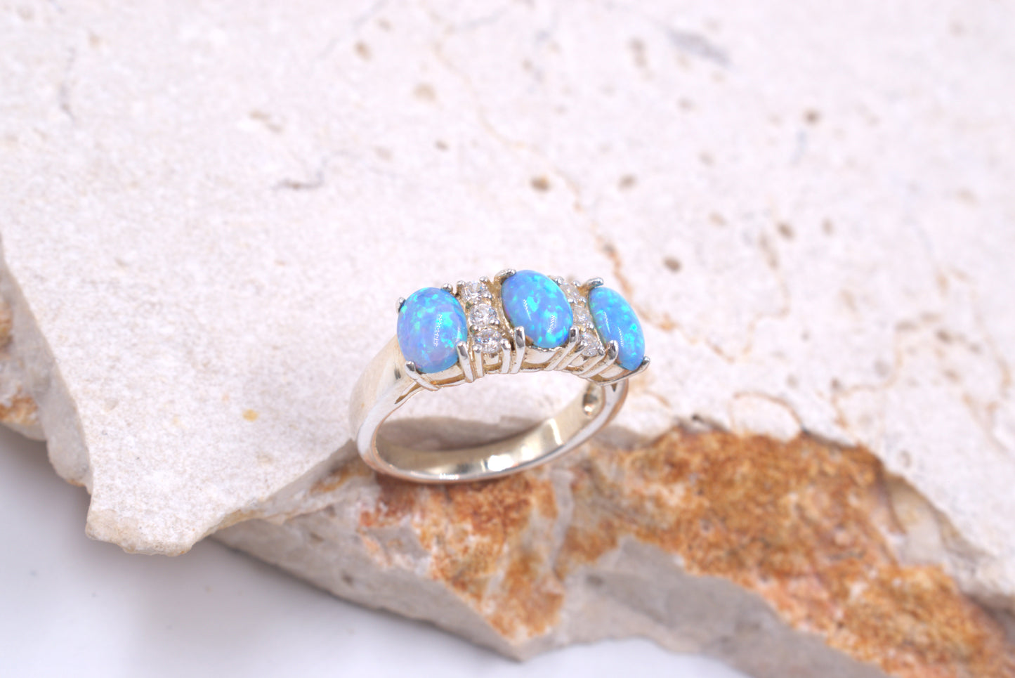 Sterling Silver 3x Oval Crushed Blue Opal Ring (October Birthstone)