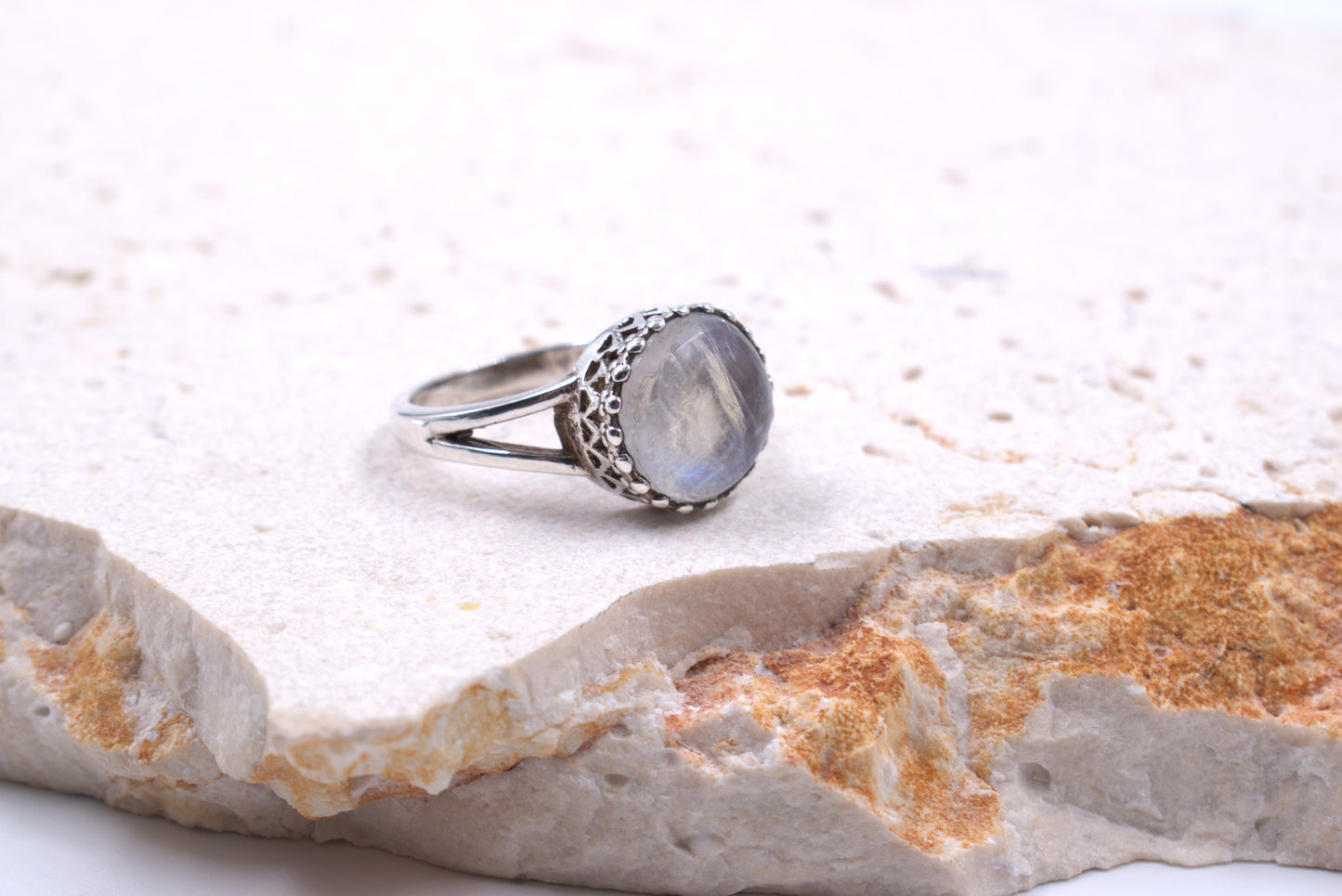 Sterling Silver Round Split Shank Moonstone Ring