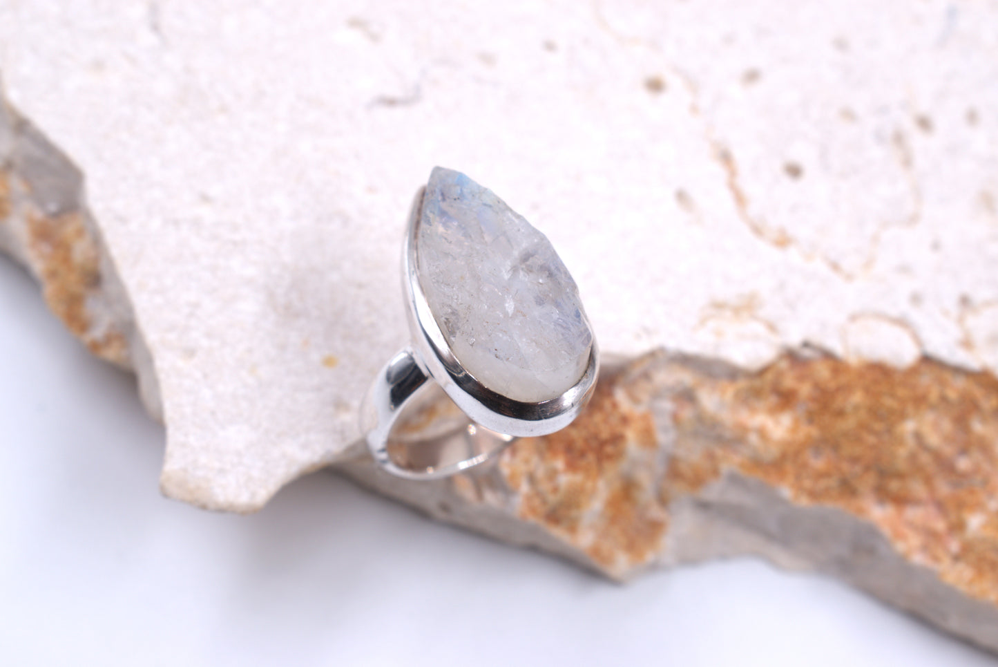 Sterling Silver Pear-shaped Rough Cut Moonstone Ring