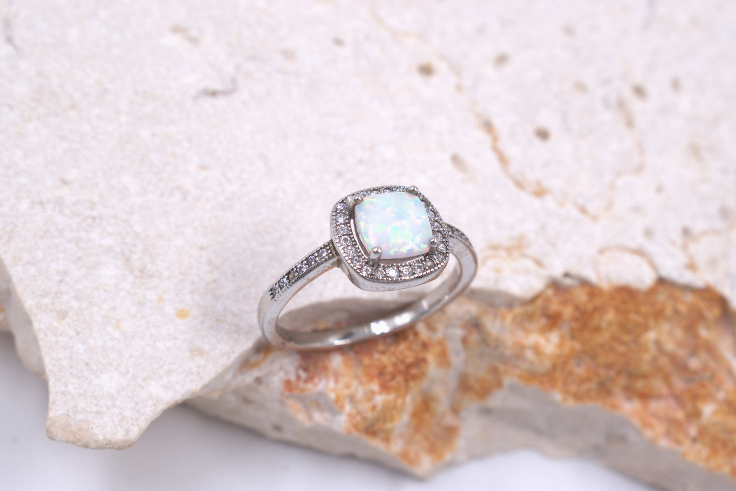 Sterling Silver Cushion Cut Crushed White Opal Ring (October Birthstone)