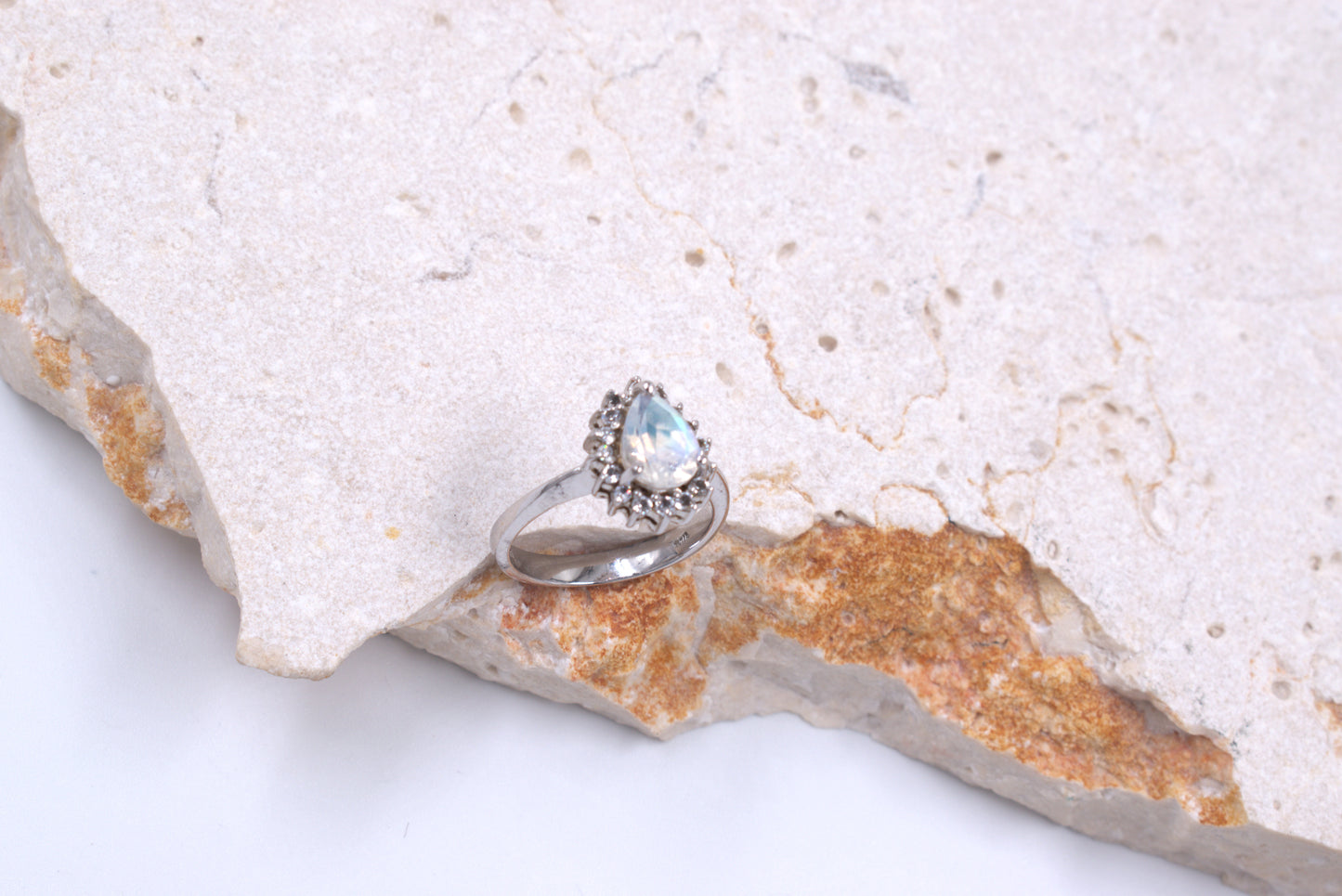 Sterling Silver Pearshape Moonstone Ring With Halo