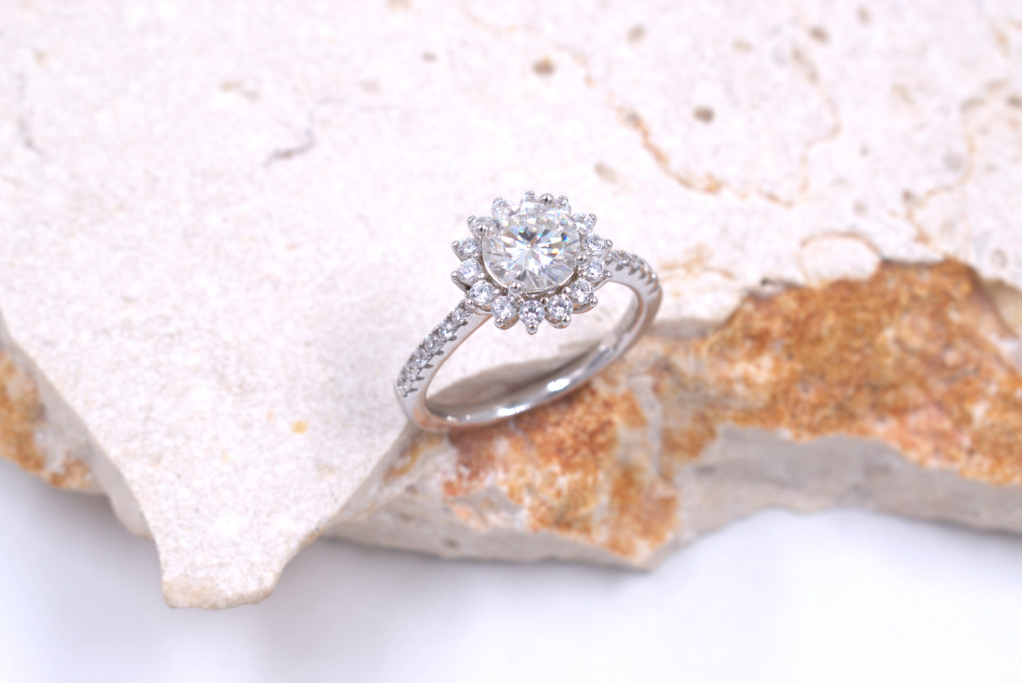 Sterling Silver Round Moissanite ring with Cubic Zirconia Halo