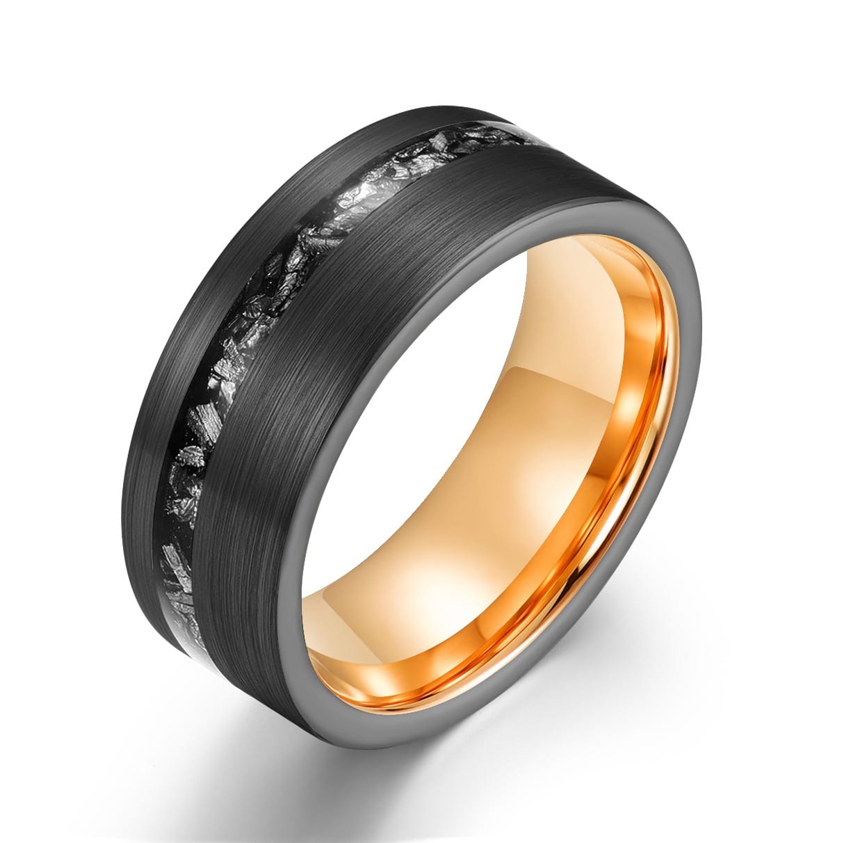 Black tungsten ring with meteorite