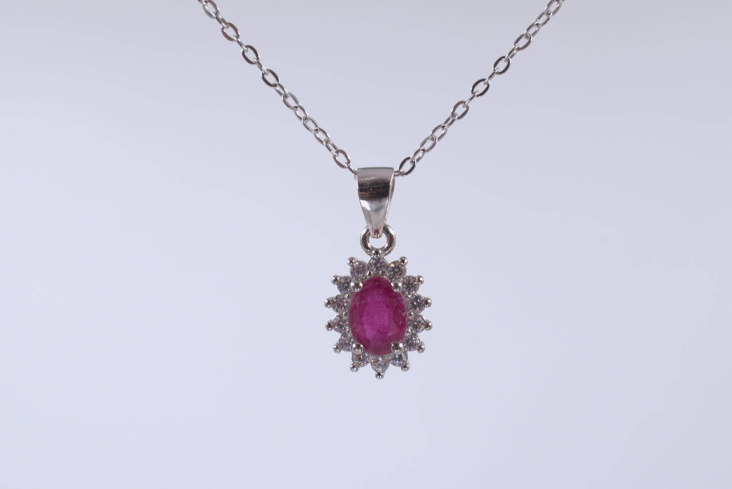 Sterling Silver Oval Ruby and White Tourmaline Necklace (July Birthstone)