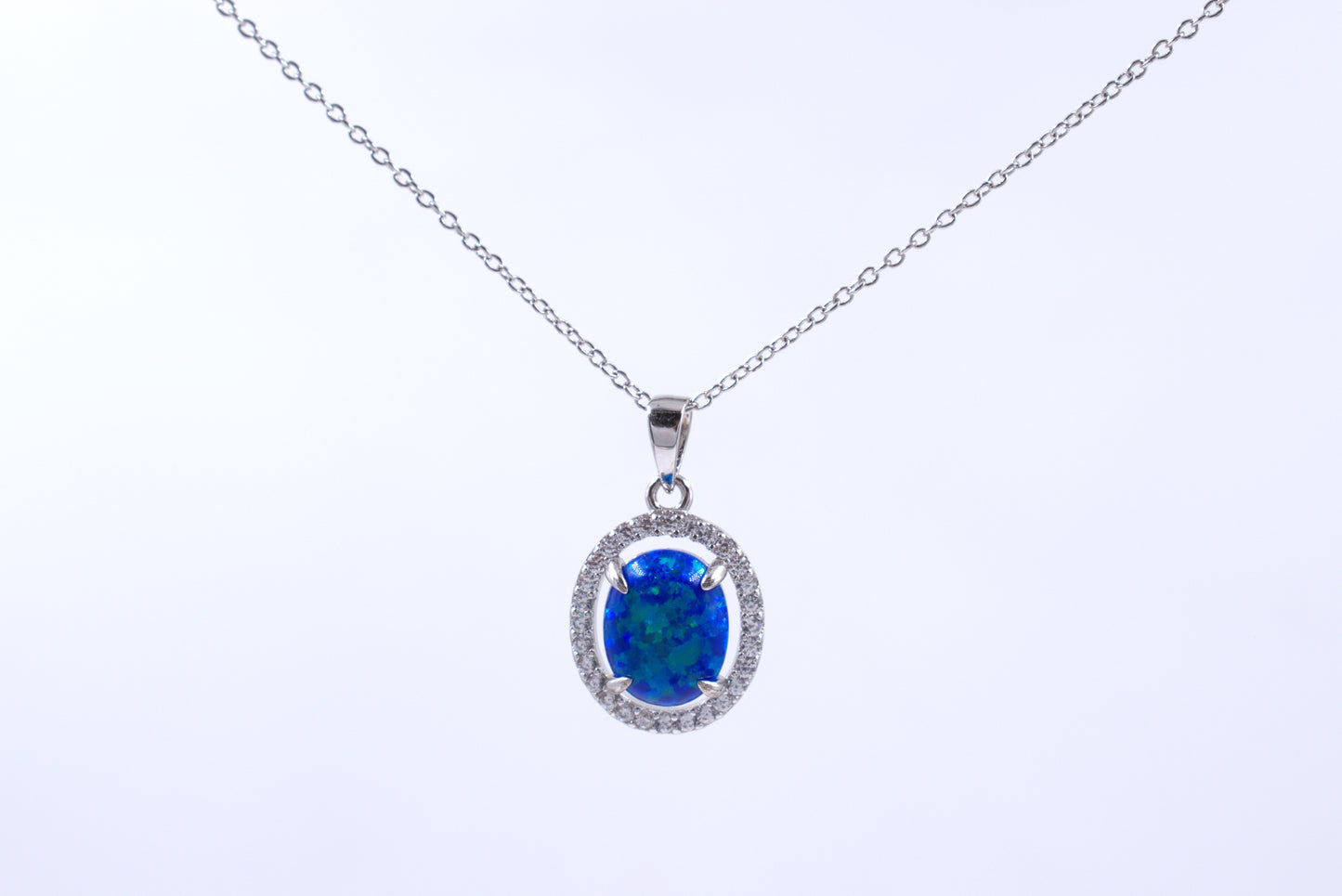 Sterling Silver Lab Grown Blue Opal with Halo (October Birthstone)