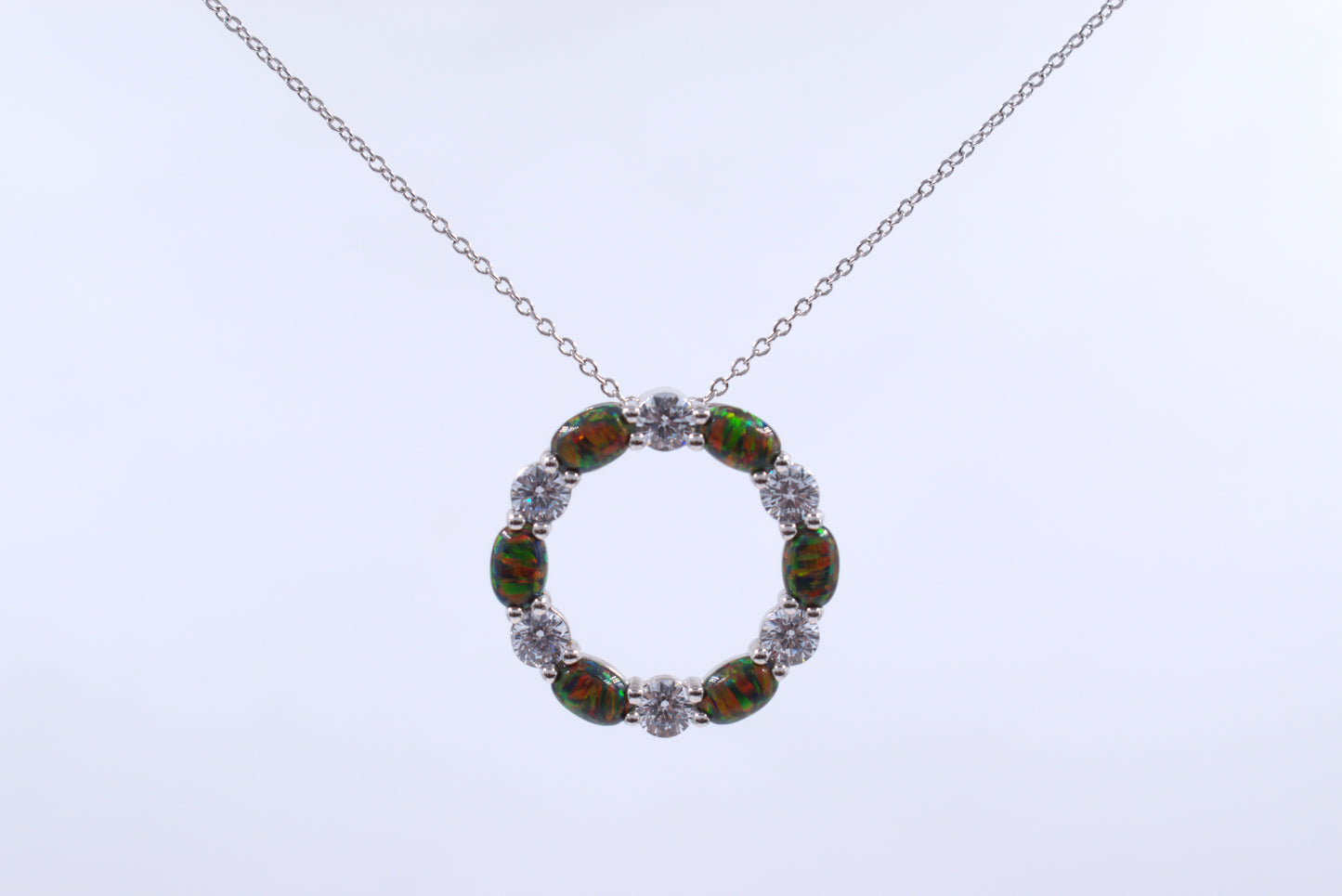 Sterling Silver Circle of Life Lab Grown Dark Green Opal Necklace (October Birthstone)