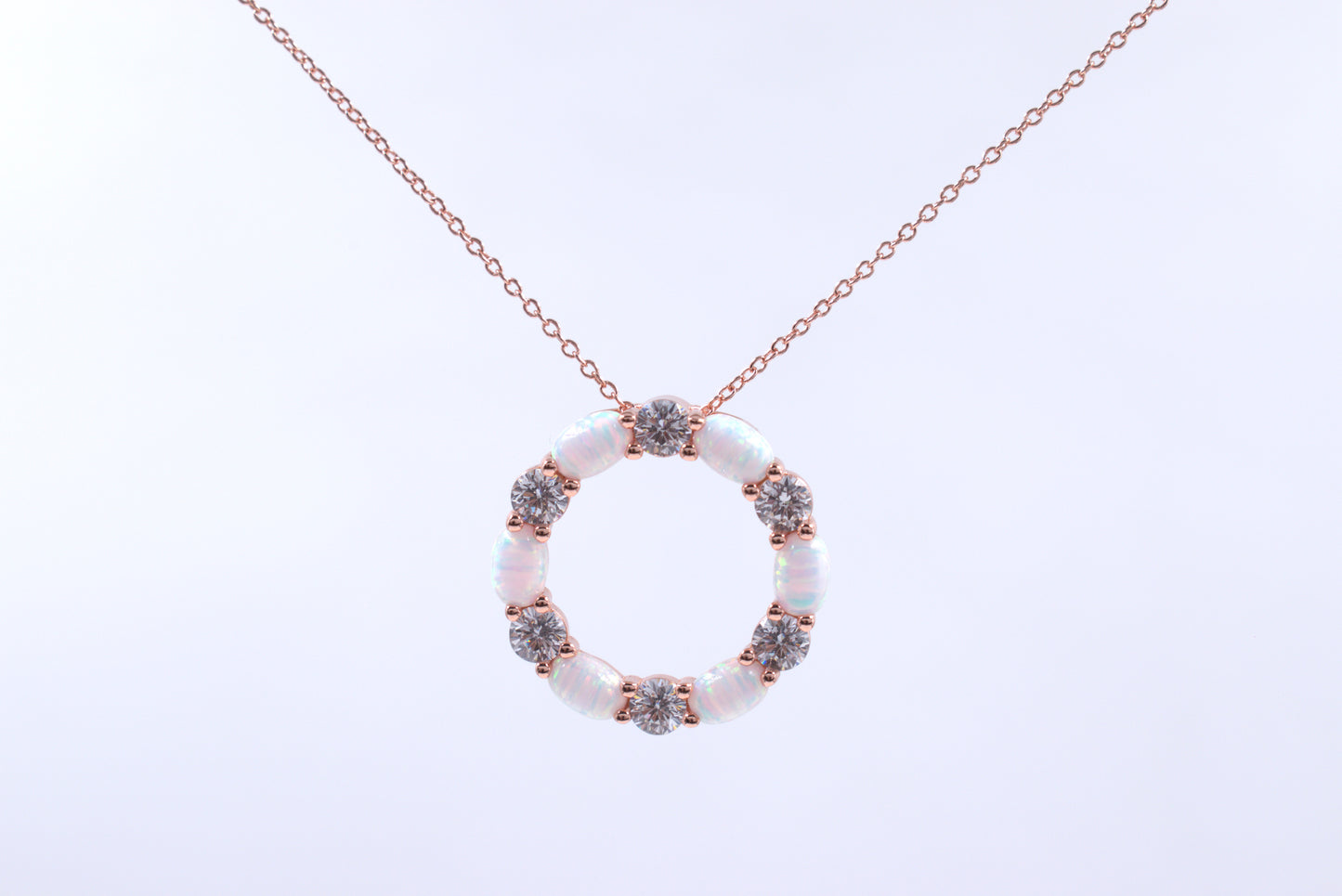 Sterling Silver Rose Gold Plated Circle of Life Lab Grown White Opal Necklace (October Birthstone)