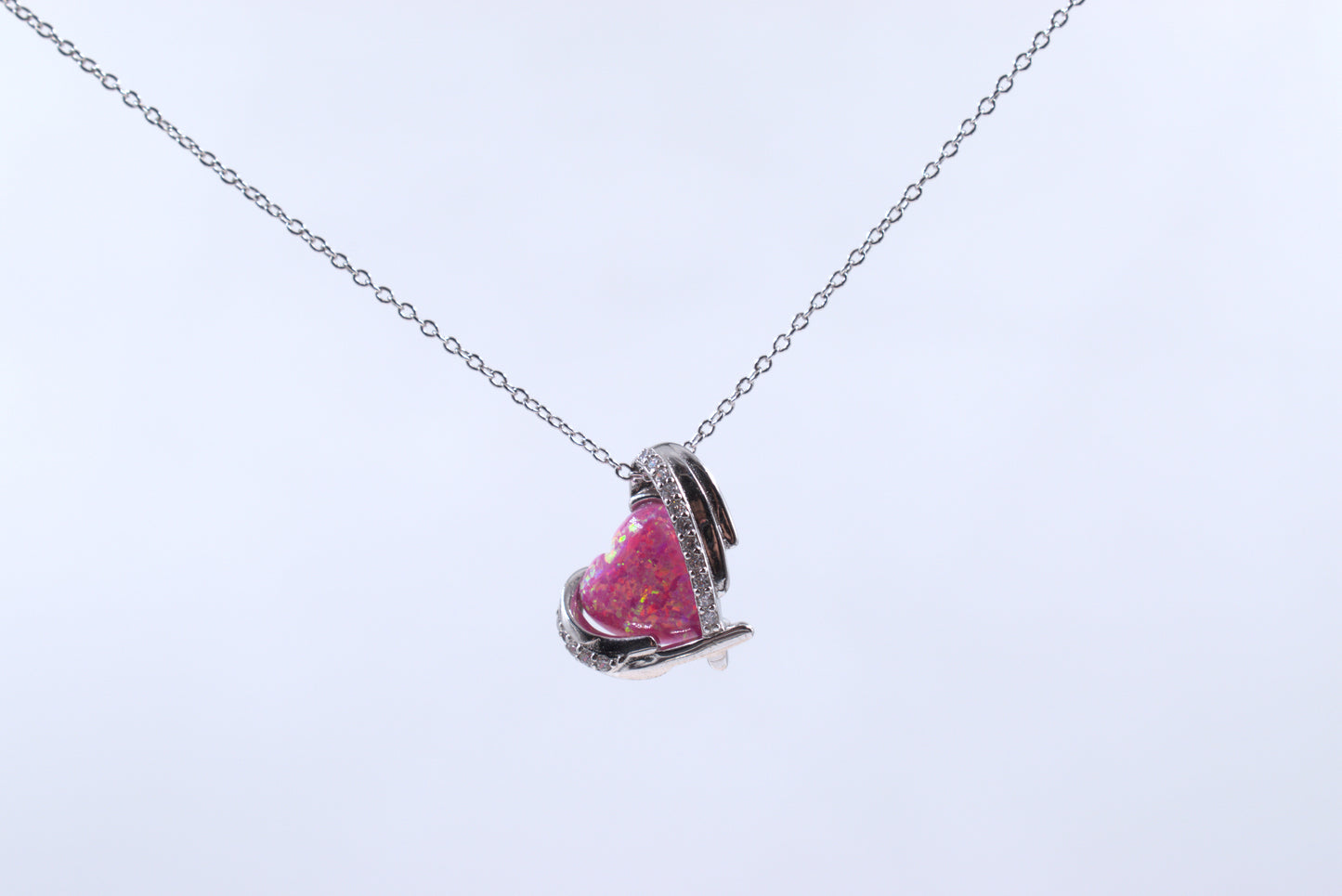 Sterling Silver Lab Grown Pink Heart Opal Necklace (October Necklace)