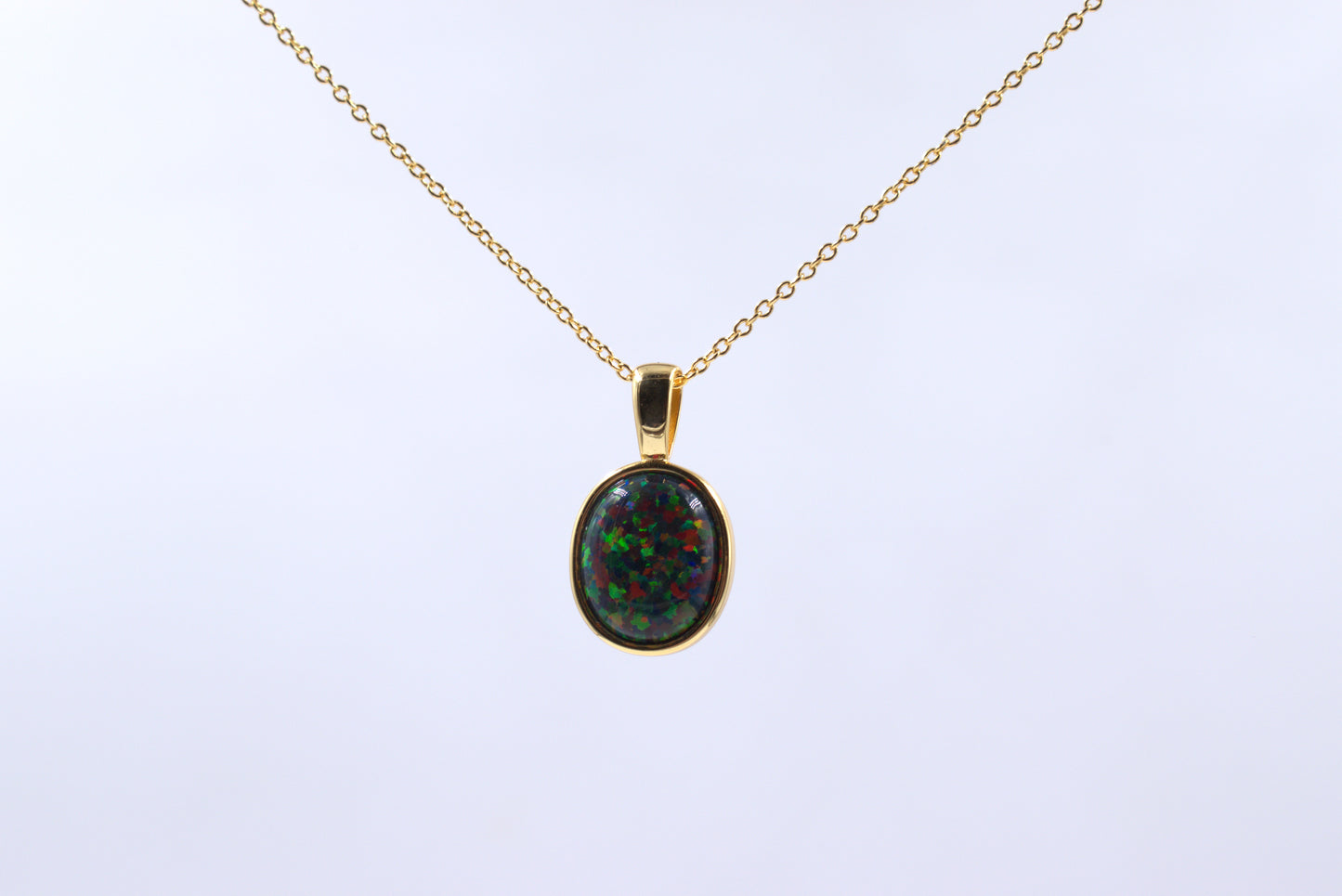 Sterling Silver Yellow Gold Plated Lab Grown Dark Green Opal Necklace (October Birthstone)