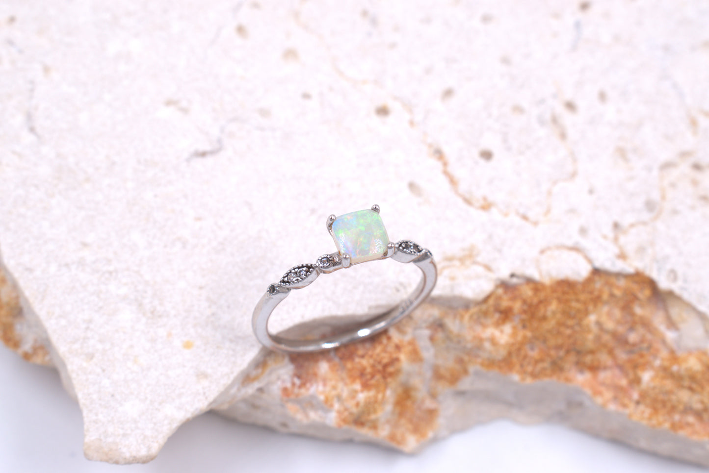 Sterling Silver Square Australian Opal Vintage style ring (October Birthstone)