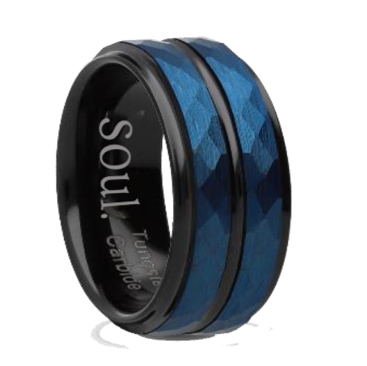 Blue tungsten ring with black detail