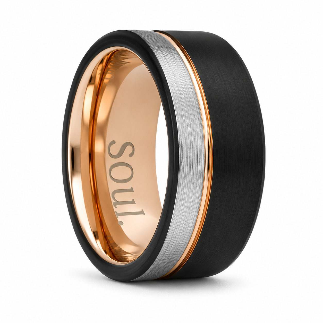 Black and grey tungsten ring with rose gold details