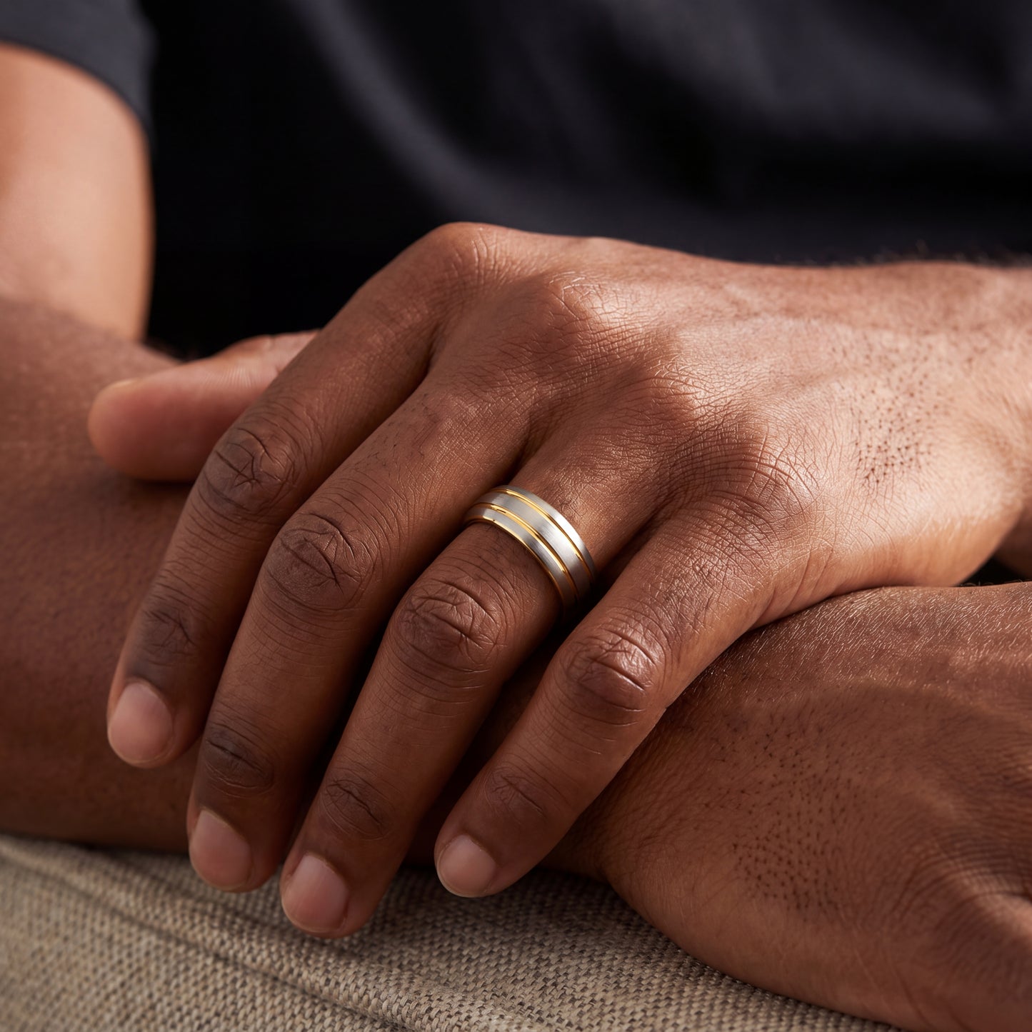 Grey tungsten ring with yellow gold