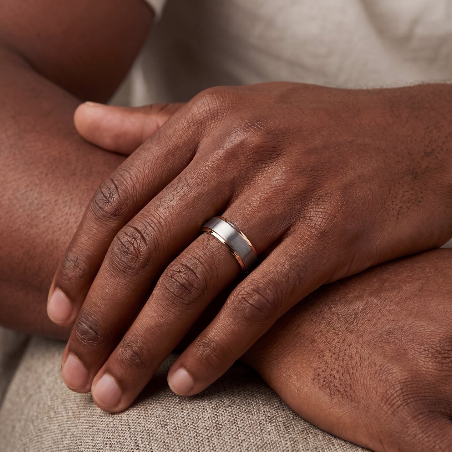 Dark grey tungsten ring with rose gold details