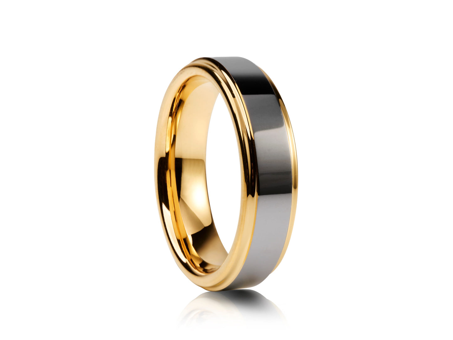 Dark grey tungsten ring with yellow gold details