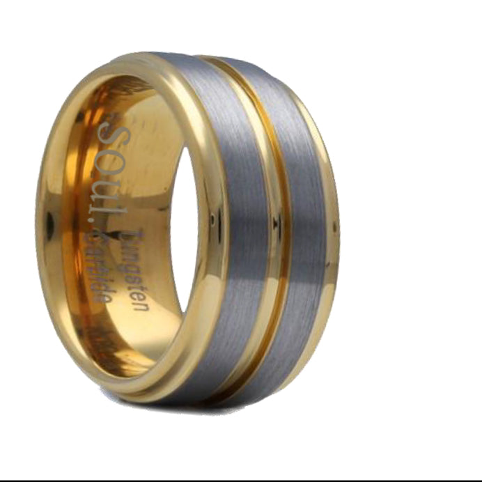 Grey tungsten ring with gold detail