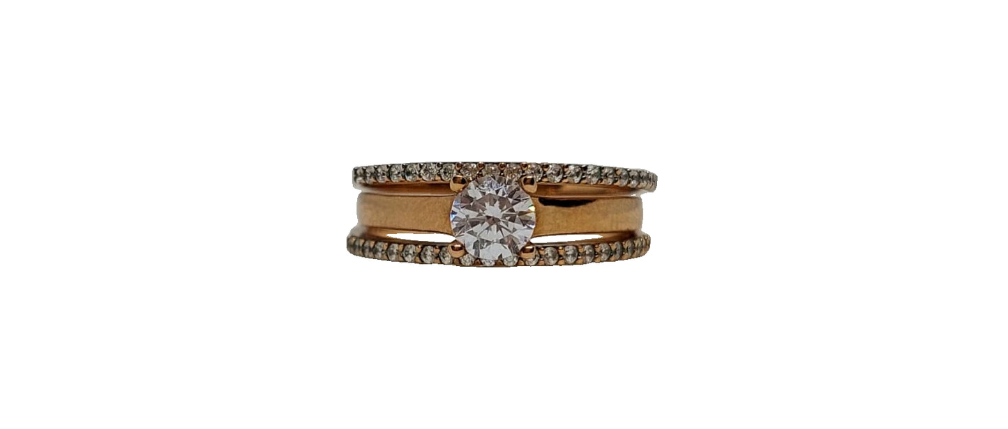 9ct Rose gold solitaire with two bands cubic zirconia stackable ring