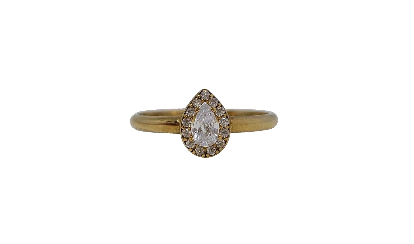 9ct Yellow gold pear shape cubic zirconia halo plain shank ring