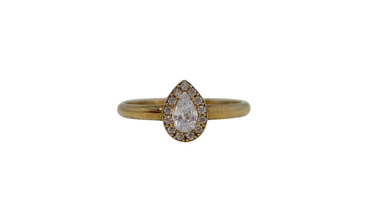 9ct Yellow gold pear shape cubic zirconia halo plain shank ring