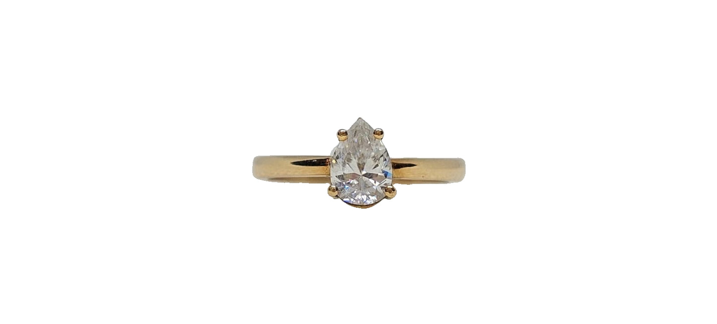 9ct Yellow gold pear shape moissanite solitaire tapered plain shank ring