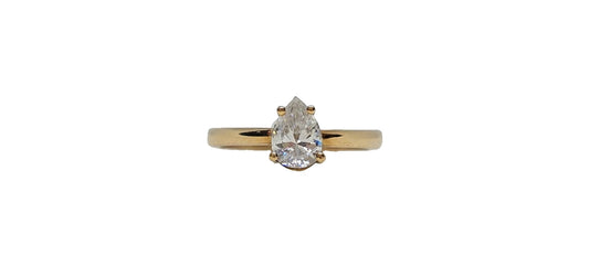 9ct Yellow gold pear shape moissanite solitaire tapered plain shank ring