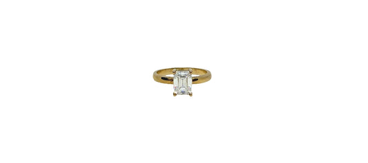 9ct Yellow gold emerald cut 4 claw moissanite with a flat plain shank ring