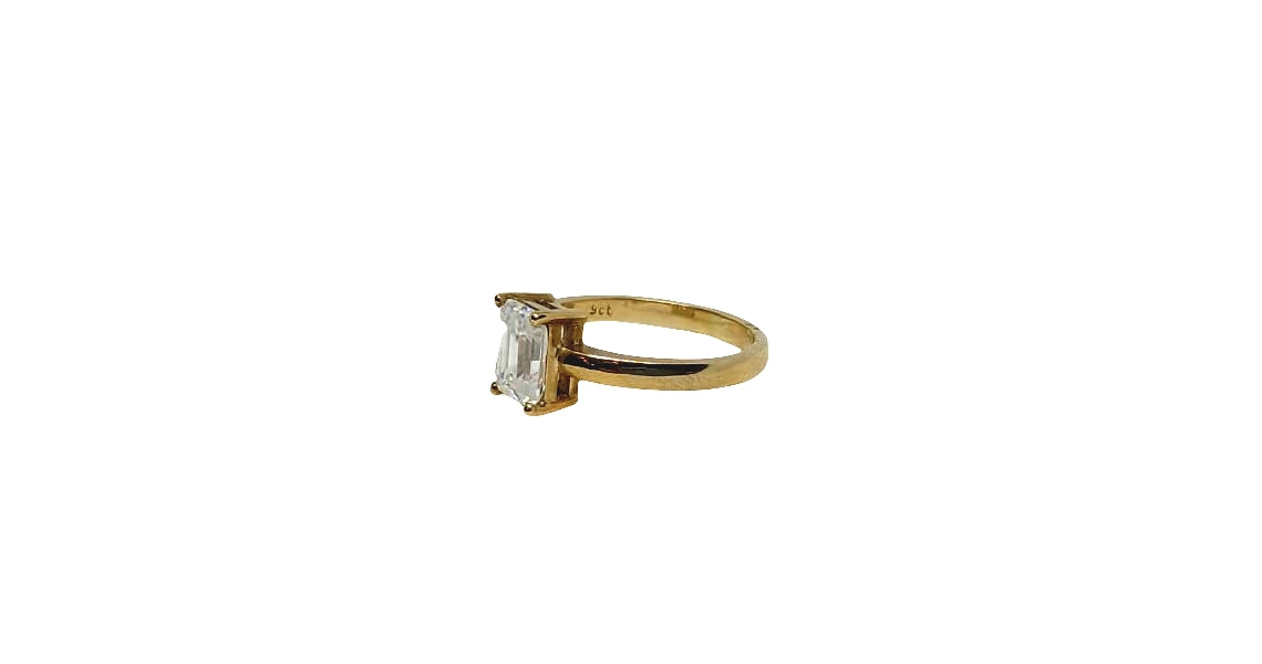 9ct Yellow gold emerald cut 4 claw moissanite with a flat plain shank ring