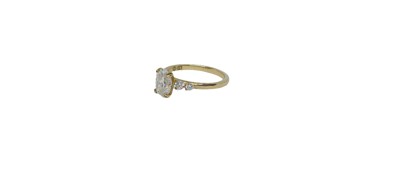 9ct Yellow gold oval moissanite with double prong and round moissanite on shank ring  2.18g