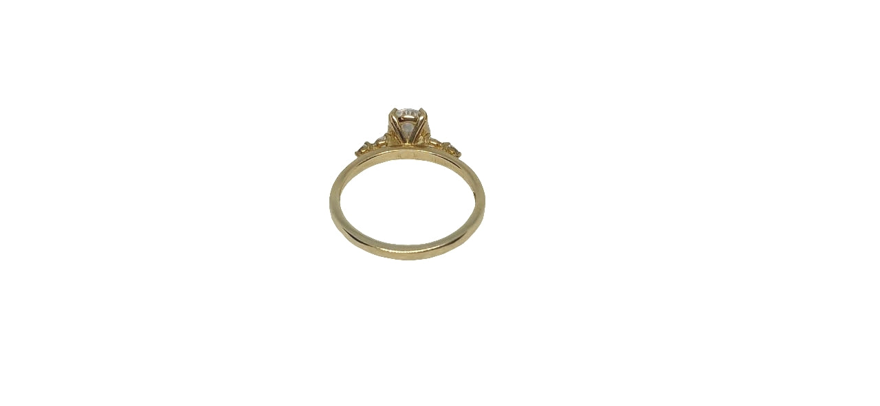 9ct Yellow gold oval moissanite with double prong and round moissanite on shank ring  2.18g