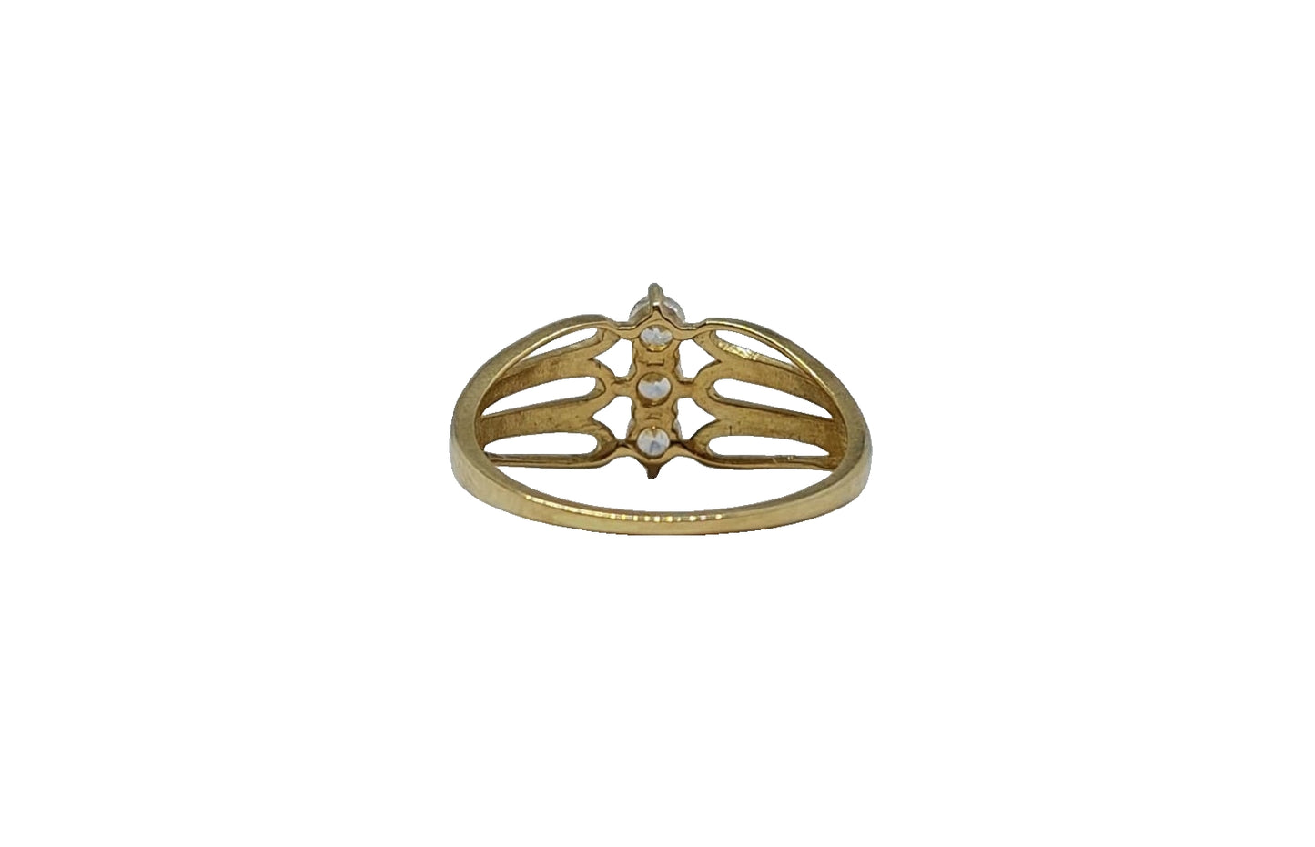 9ct Yellow gold 3x round cubic zirconia fancy split shank ring