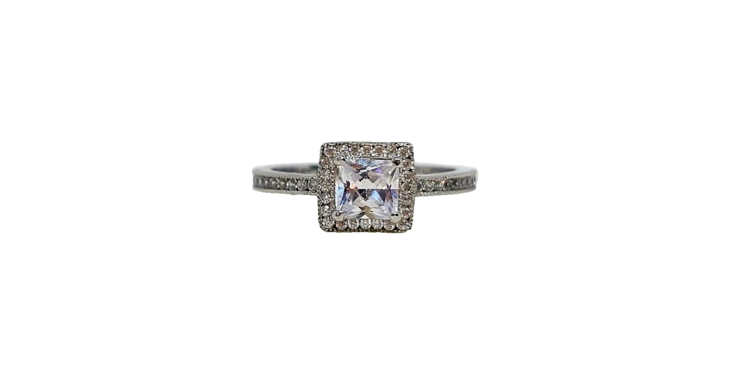 9ct White gold square with halo cubic zirconia 4 claw channel setting cubic zirconia on shack ring