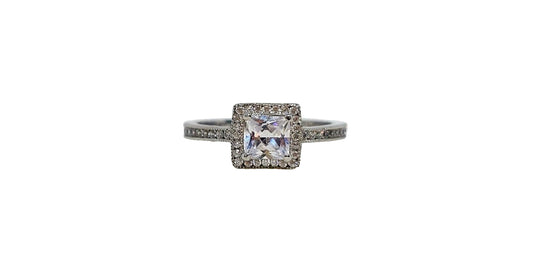 9ct White gold square with halo cubic zirconia 4 claw channel setting cubic zirconia on shack ring