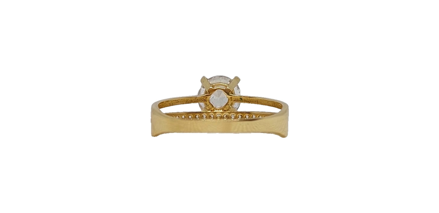 14ct Yellow gold round 4 claw cubic zirconia double shank ring