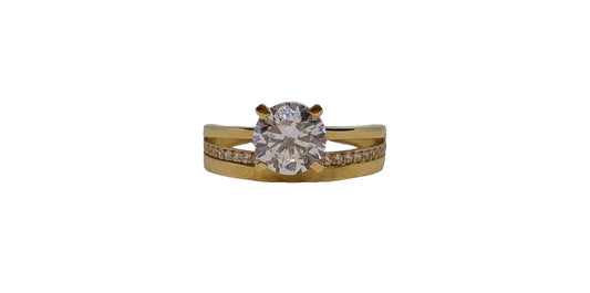 14ct Yellow gold round 4 claw cubic zirconia double shank ring