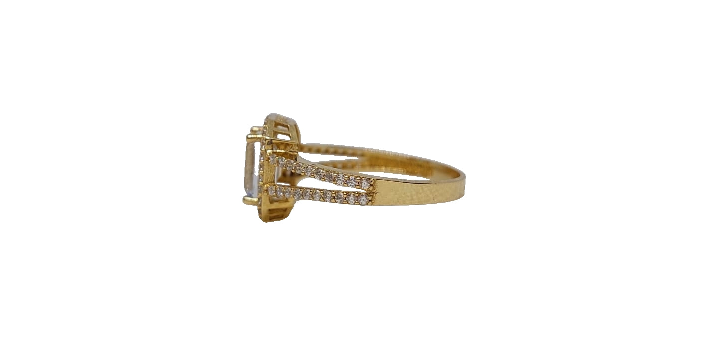 14ct Yellow gold emerald cut halo split shank cubic zirconia ring