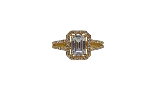 14ct Yellow gold emerald cut halo split shank cubic zirconia ring