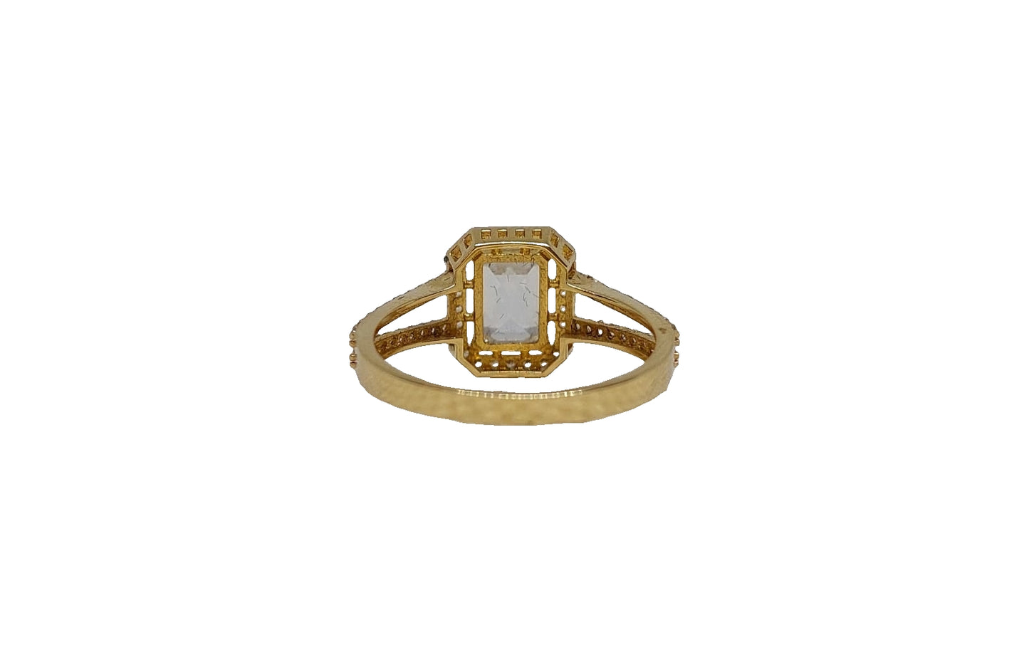 14ct Yellow gold emerald cut halo split shank cubic zirconia ring