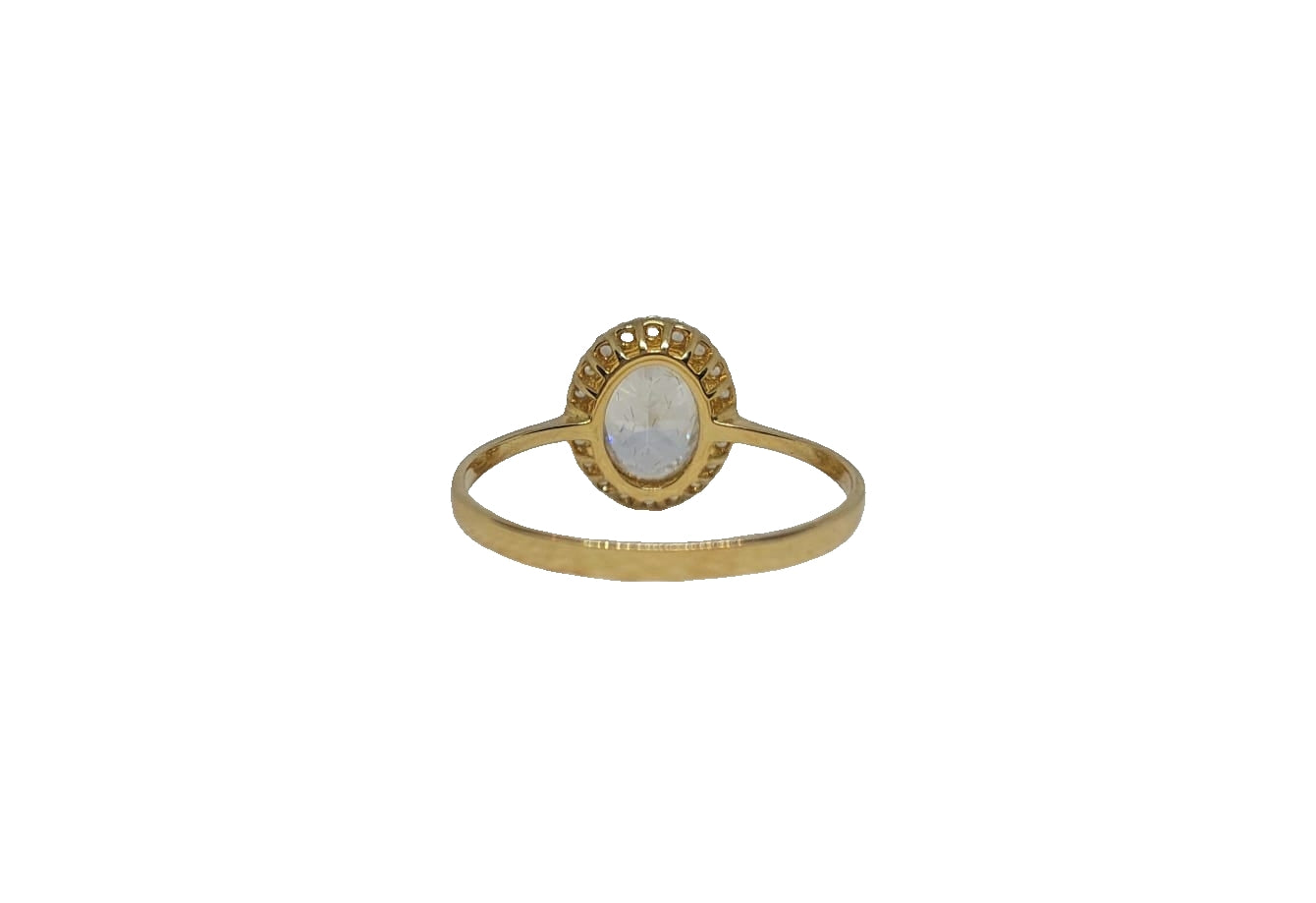9ct Yellow gold oval with halo cubic zirconia and plain thin shank ring