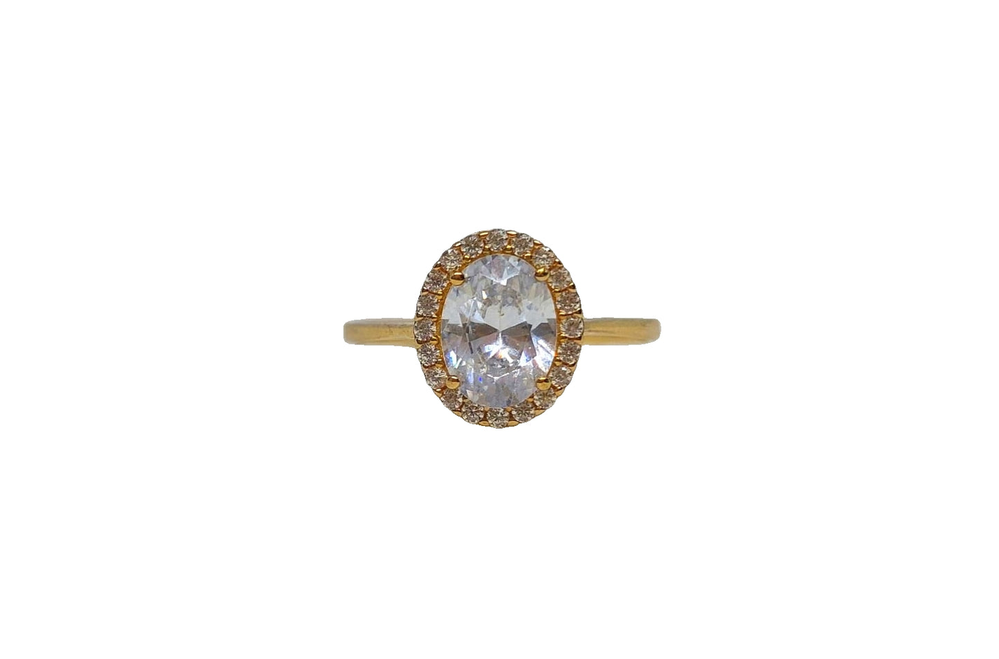 9ct Yellow gold oval with halo cubic zirconia and plain thin shank ring