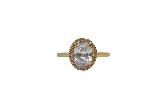 9ct Yellow gold oval with halo cubic zirconia and plain thin shank ring