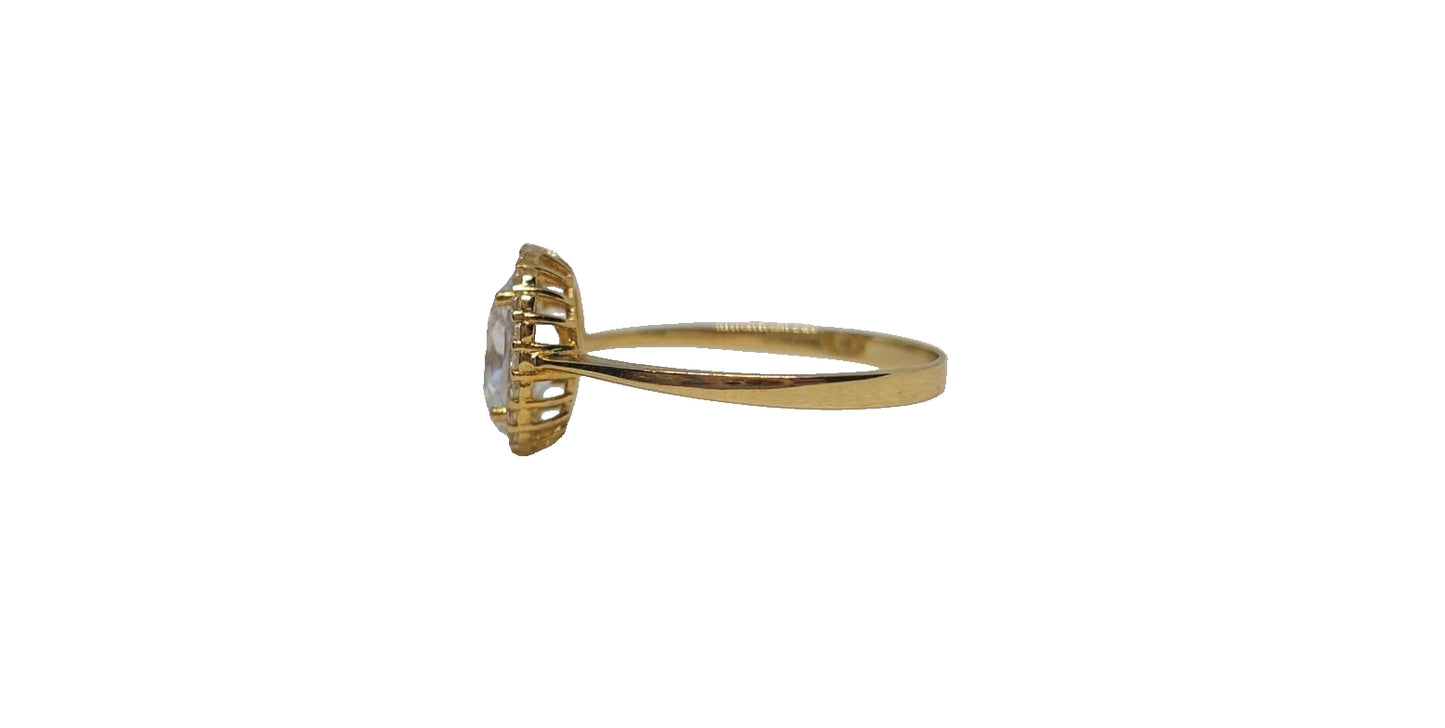 9ct Yellow gold oval with halo cubic zirconia and plain thin shank ring